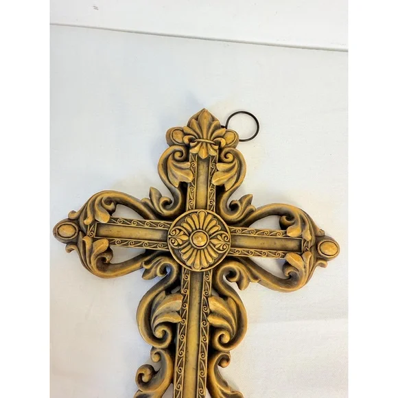 Ornate Gold Decorative Floral Fleur-de- lis Hanging Hook Baroque Wall Cross - Picture 11 of 13